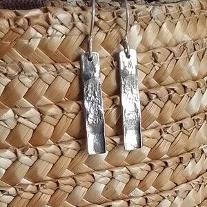 Sterling Silver Minimalist Reticulated Rectangle Bar Dangle Earrings Pierced